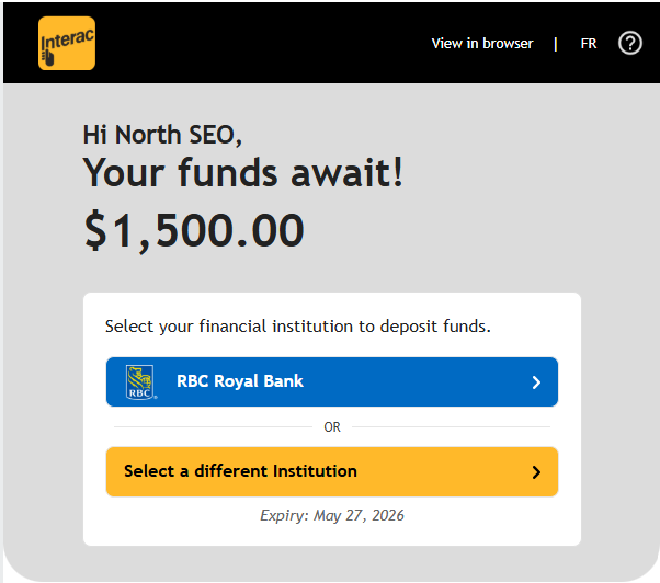 Interac e-Transfer payment of 1500 CAD for monthly retainer